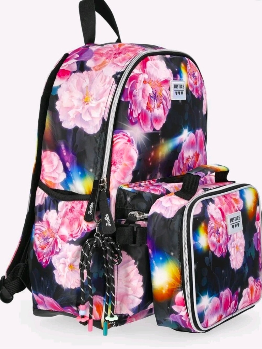 Justice 3 Piece Set Girls Floral Backpack, Lunch Box, Key Chain